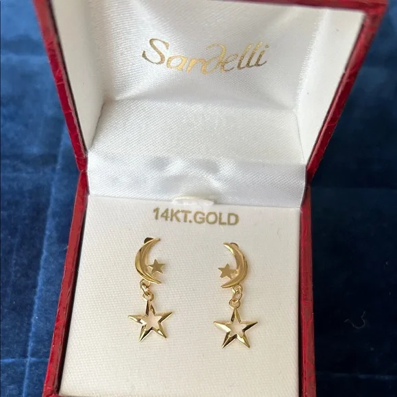 14k gold dangling crescent moon and star Sardelli earrings - Picture 1 of 5